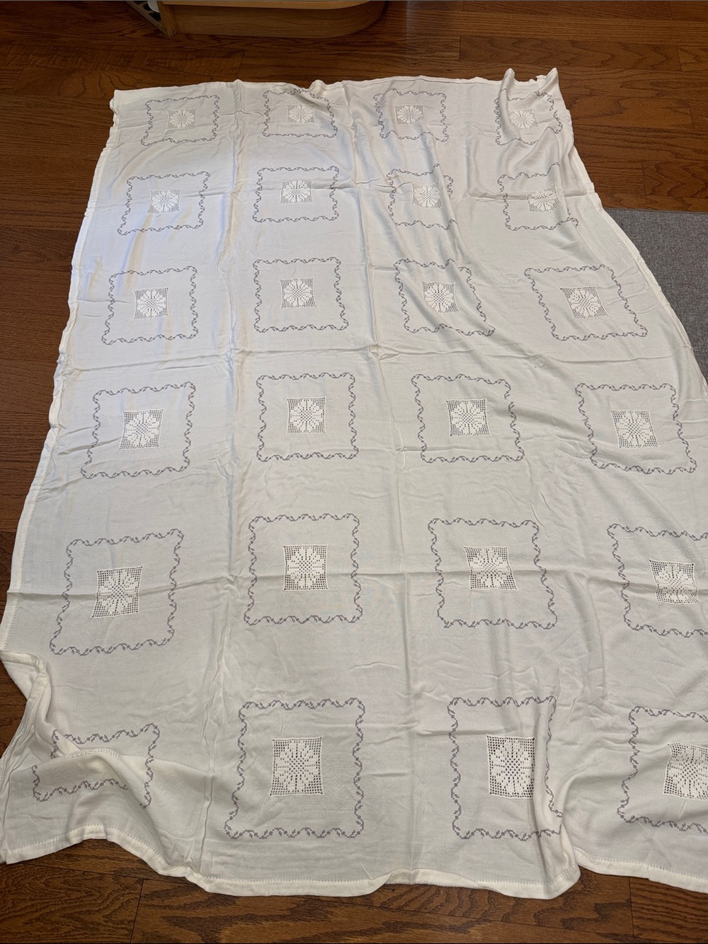 White Crochet table cloth. 52”x6’. It has a  small stain. Please look at photos.